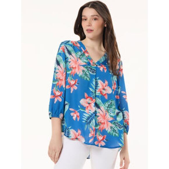 Jones New York Women's Blue Lagoon Multi Printed Chiffon Tunic Top Size XS NWT - Picture 1 of 15